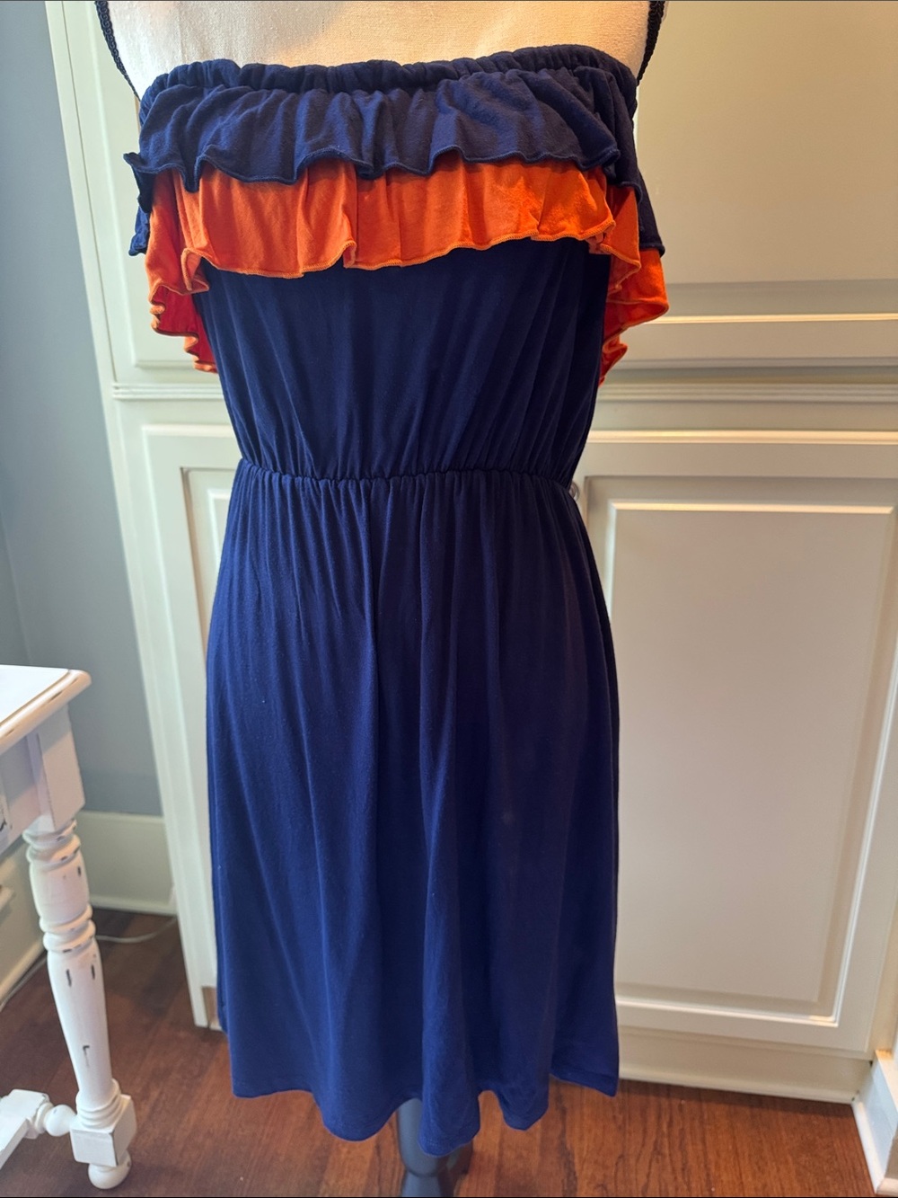 Navy and Orange Ruffle Strapless  Dress